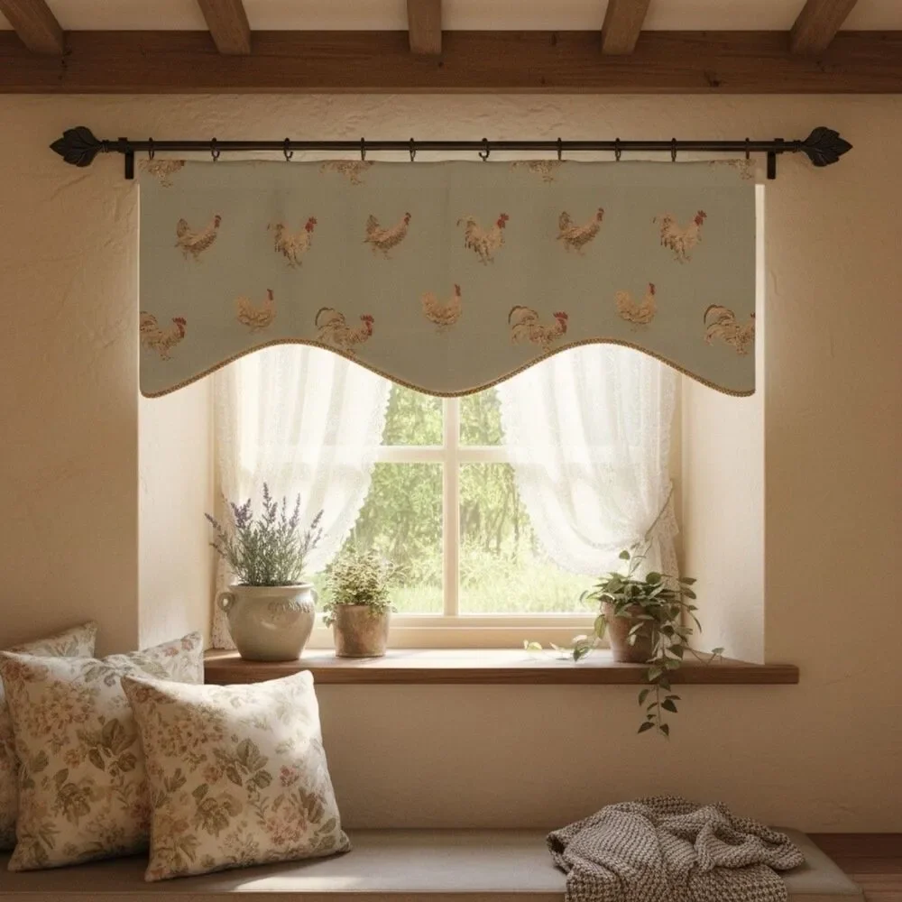 Farmhouse Kitchen Scalloped Valance Rooster Chicken Country Farmhouse Rustic 45”